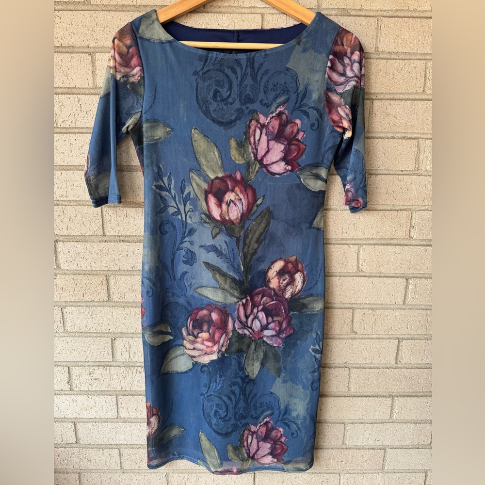 Vintage Micro Mesh Floral Midi Dress Blue Rose Print Mesh Y2K Indie Sleeze S
